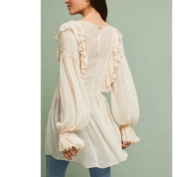 Anthropologie Ruffle Tunic Top Womens Ivory VNeck Long Sleeve Fairycore Metallic - Picture 3 of 12